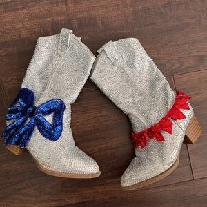Embellished Rhinestone Cowboy Boots with Blue Bow & Red Tassels